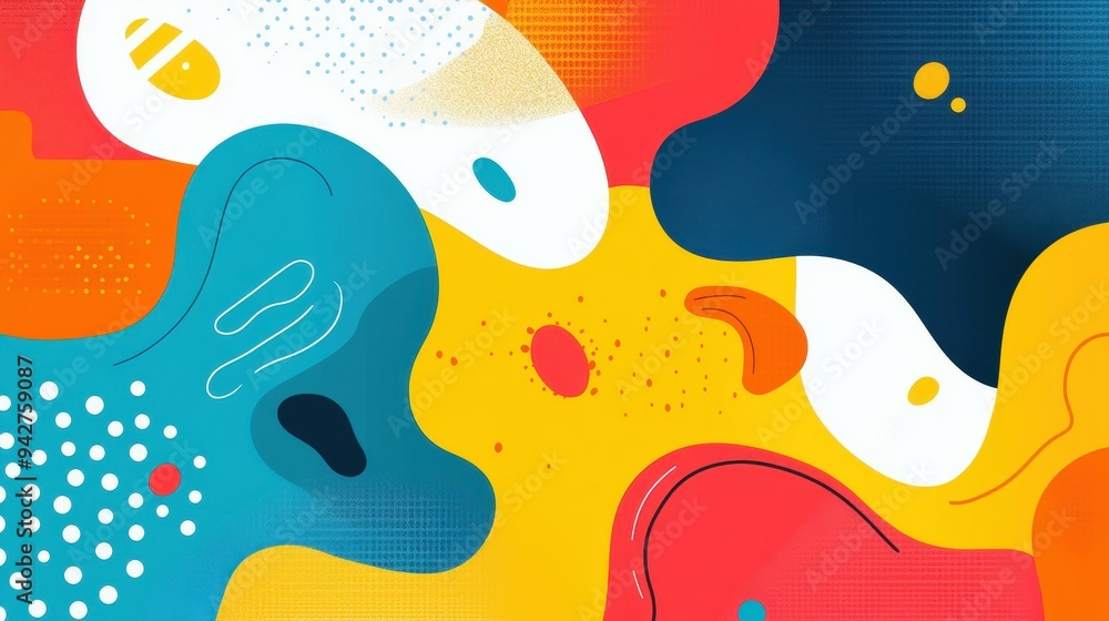 Fototapeta premium Vibrant geometric patterns blend with abstract waves, creating a fun and modern cartoonstyle backdrop perfect for any project.