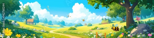 Whimsical Bee Path Adventure: Charming Children's Illustration for Books, Games, and Decor. Playful Cartoon Landscape with Dotted Trail, Perfect for Educational Materials, Nursery Art, and Colorful Ma