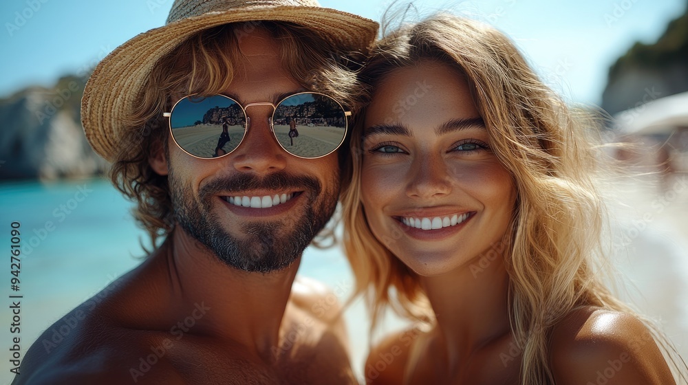 Man and a woman are smiling on the beach on a sunny summer day Man and a woman are smiling on the beach on a sunny summer day