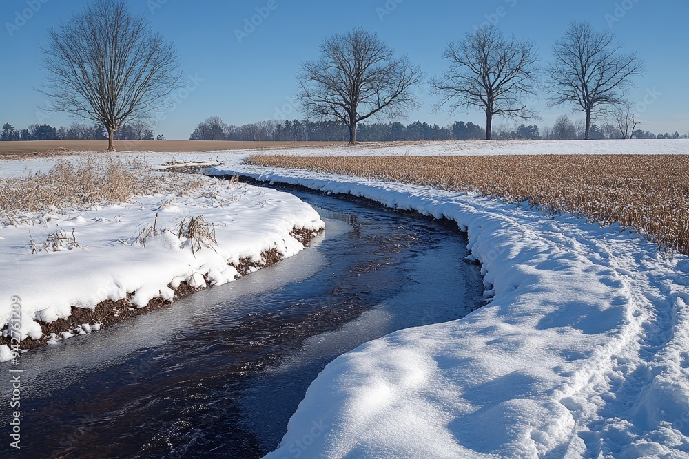Small river flowing through snowy fields with bare trees Small river flowing through snowy fields with bare trees