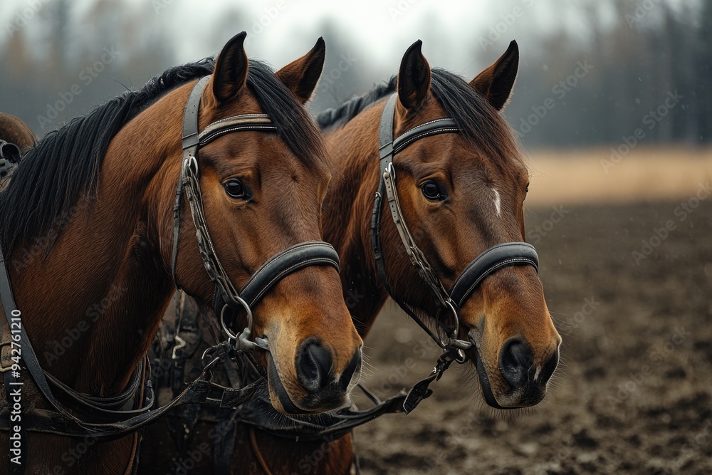 Obraz premium Two powerful brown horses wearing harnesses standing on farm
