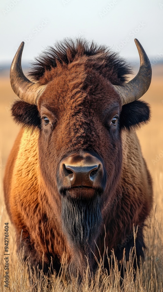 Majestic american bison standing in tall grass field Majestic american bison standing in tall grass field