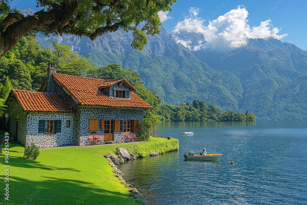 Naklejka premium Couple fishing on a mountain lake with a stone cottage