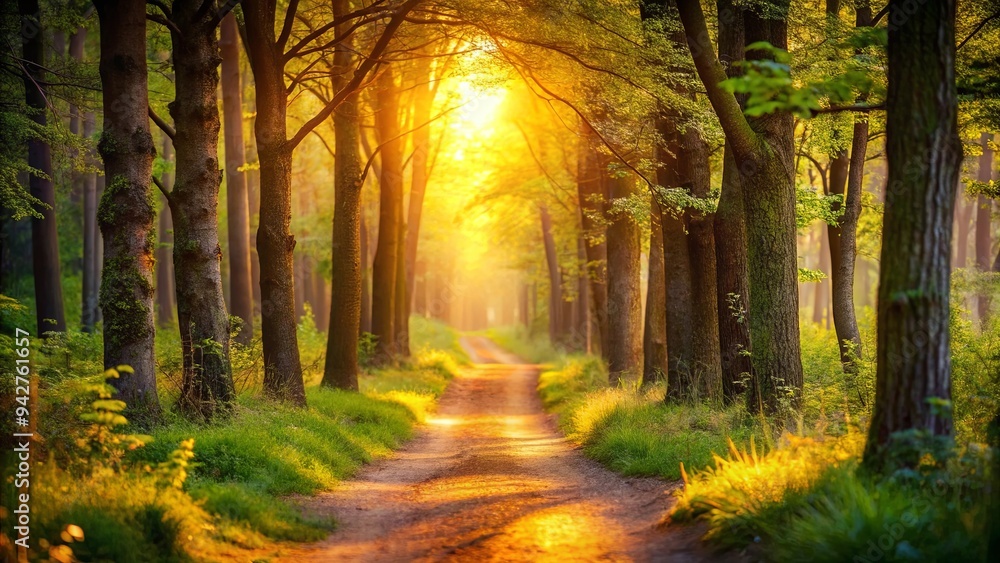 Serenity of a woodland pathway at sunset with blurred tree silhouettes and golden light