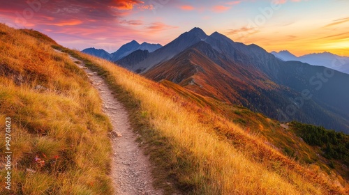 Fototapeta Naklejka Na Ścianę i Meble -  Mountain trail leading along the mountain ridge of beautiful mountains with autumn grass and colorful sky. Western Tatras, High Tatras, Slovakia, Poland. Discovering hiking in a colorful autumn