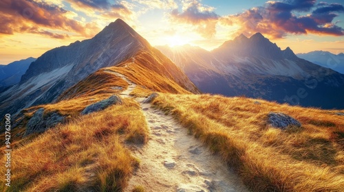 Fototapeta Naklejka Na Ścianę i Meble -  Mountain trail leading along the mountain ridge of beautiful mountains with autumn grass and colorful sky. Western Tatras, High Tatras, Slovakia, Poland. Discovering hiking in a colorful autumn