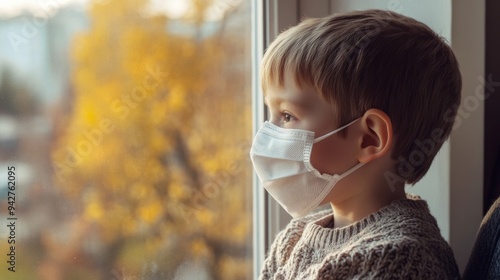 Boy in mask quarantines at home due to COVID-19, gazing out window. photo