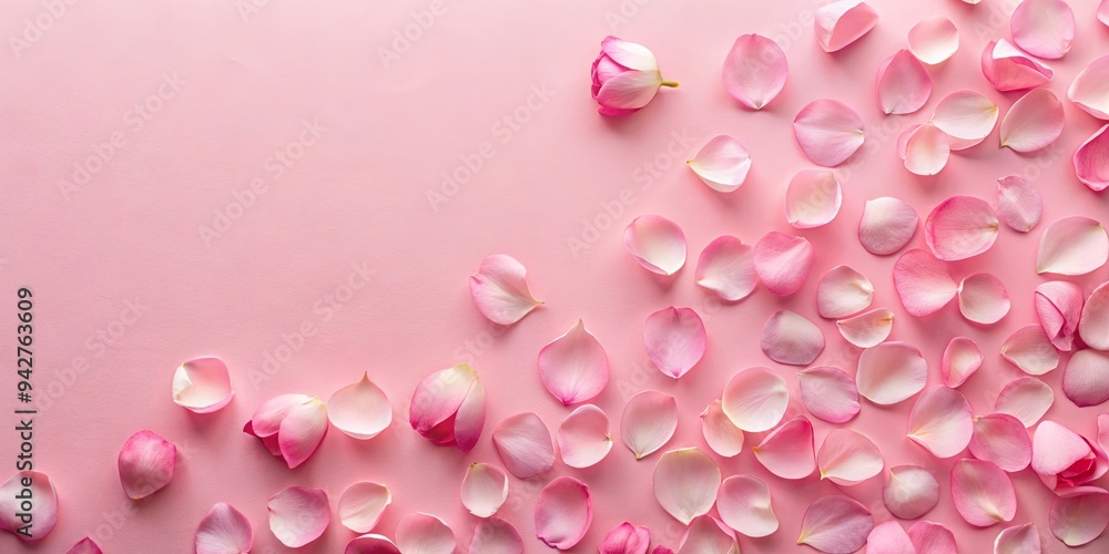 Minimalist flat lay of pink rose petals on pink background, creating a romantic and serene atmosphere Minimalist flat lay of pink rose petals on pink background, creating a romantic and serene atmosphere