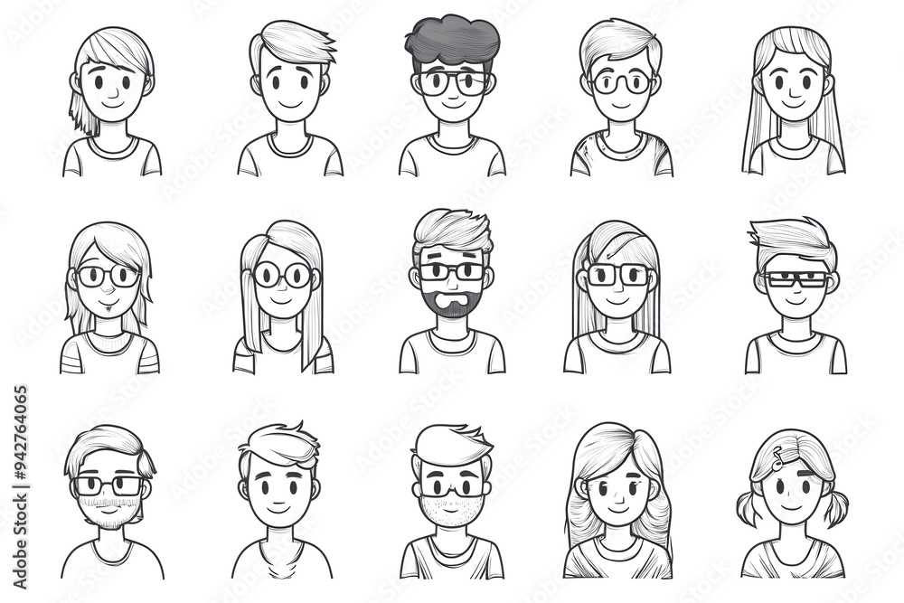 Black cartoon hand drawn characters for avatar collection isolated on white background. Simple shapes and lines people for mobile game or app interface Black cartoon hand drawn characters for avatar collection isolated on white background. Simple shapes and lines people for mobile game or app interface