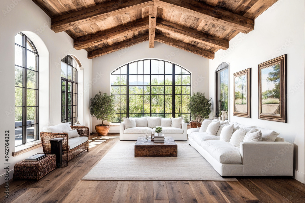 Fototapeta premium Modern Spanish Interior Design. Generated image. A digital rendering of the interior of a home in the modern Spanish design style.