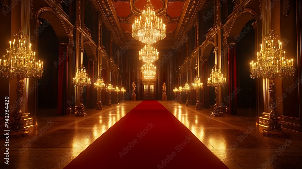 Grand Hallway with Red Carpet and Gleaming Chandelier Lighting, Ready for an Exclusive Glamorous Gala Grand Hallway with Red Carpet and Gleaming Chandelier Lighting, Ready for an Exclusive Glamorous Gala