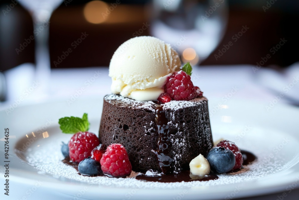 A mouth watering chocolate brownie in close up macro with vanilla ice cream and berries, dark chocolate sauce. A mouth watering chocolate brownie in close up macro with vanilla ice cream and berries, dark chocolate sauce.
