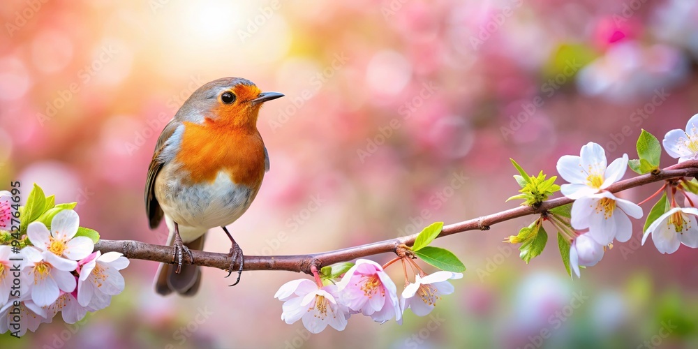 Charming robin perched on a blossoming cherry tree branch in spring Charming robin perched on a blossoming cherry tree branch in spring