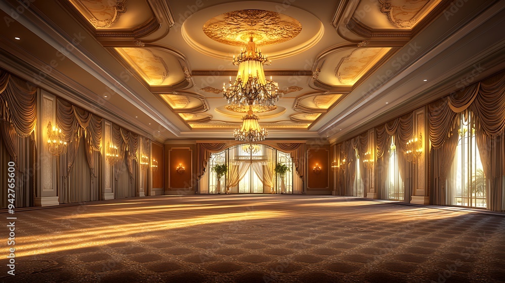 Obraz premium Opulent Ballroom with Ornate Ceiling Features, Plush Carpets, and Warm Lighting for a High-Class Formal Setting