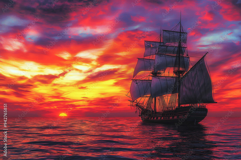 Fototapeta premium Sailboat at Sunset with Red Sky and Calm Ocean