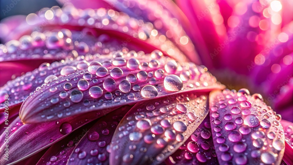 Close up of a pink flower petal covered in glistening dew drops in the morning Close up of a pink flower petal covered in glistening dew drops in the morning
