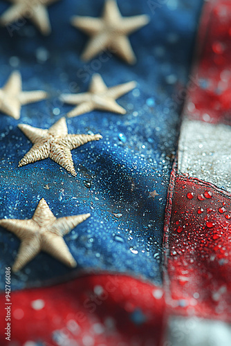 Patriotic Veterans Day image with a close-up of a waving flag, space for tribute text. photo