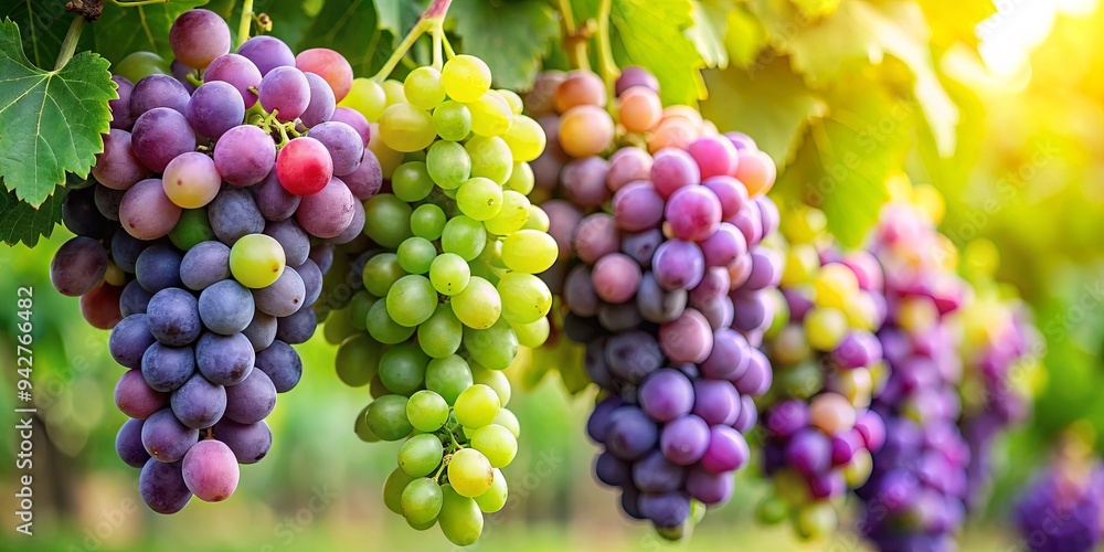 Freshly harvested green and purple grapes in a vineyard, showcasing clusters of organic, ripe, and juicy fruit Freshly harvested green and purple grapes in a vineyard, showcasing clusters of organic, ripe, and juicy fruit