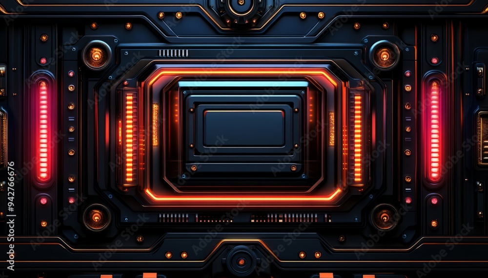 Obraz premium Futuristic Technological Panel with Glowing Orange and Red Lights