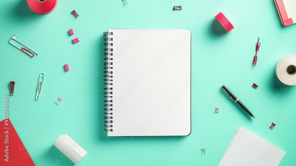 An open notebook with a blank page, a pen resting on top, surrounded by various office supplies like a stapler, a tape dispenser, and a folder. An open notebook with a blank page, a pen resting on top, surrounded by various office supplies like a stapler, a tape dispenser, and a folder.