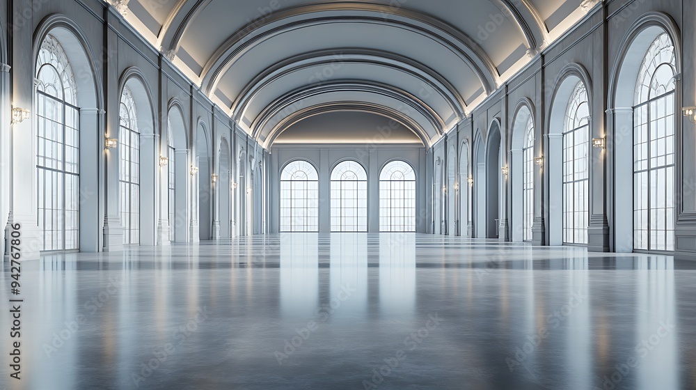 Spacious Empty Reception Hall with Glossy Surfaces, Tall Arched Windows, and Elegant Lighting Design Spacious Empty Reception Hall with Glossy Surfaces, Tall Arched Windows, and Elegant Lighting Design