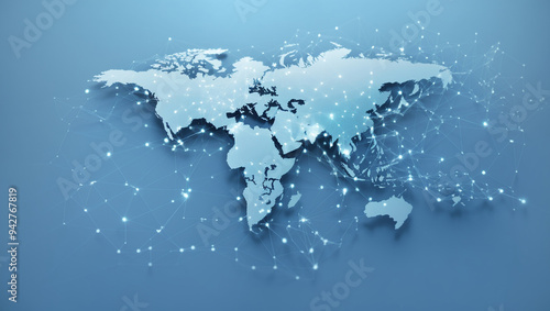 A light blue world map, showing connections between locations with light dots.