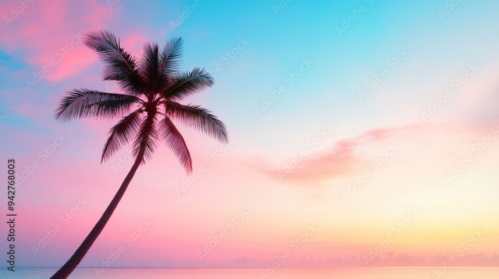 A lone palm tree silhouette against a vibrant sunset over the ocean. A lone palm tree silhouette against a vibrant sunset over the ocean.