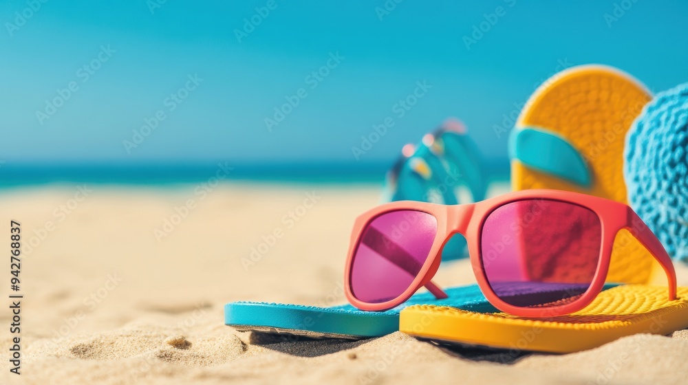 A close up of colorful flip flops, sunglasses, and a beach towel on the sand. A close up of colorful flip flops, sunglasses, and a beach towel on the sand.