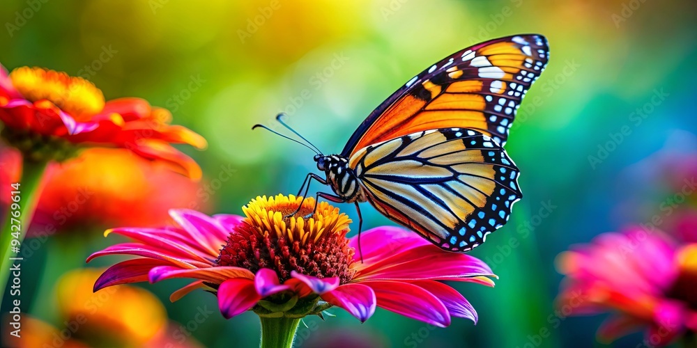 Vibrant butterfly with intricate details perched on a colorful flower Vibrant butterfly with intricate details perched on a colorful flower
