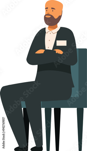 Businessman is sitting on a chair with his arms crossed, looking confident and professional
