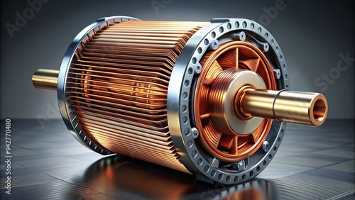 Highly detailed render of an electric motor with copper coils and rotor, perfect for industrial machinery and engineering concepts