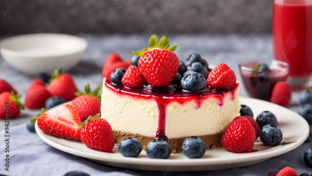 A slice of cheesecake topped with berries and drizzled with sauce, surrounded by more berries. A slice of cheesecake topped with berries and drizzled with sauce, surrounded by more berries.