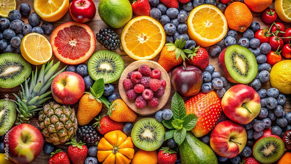 Close-up of neatly arranged delicious fruits in a studio Close-up of neatly arranged delicious fruits in a studio