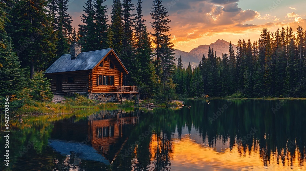 A serene wooden retreat by a calm lake, nestled among towering pines and bathed in the golden hues of sunset. A serene wooden retreat by a calm lake, nestled among towering pines and bathed in the golden hues of sunset.