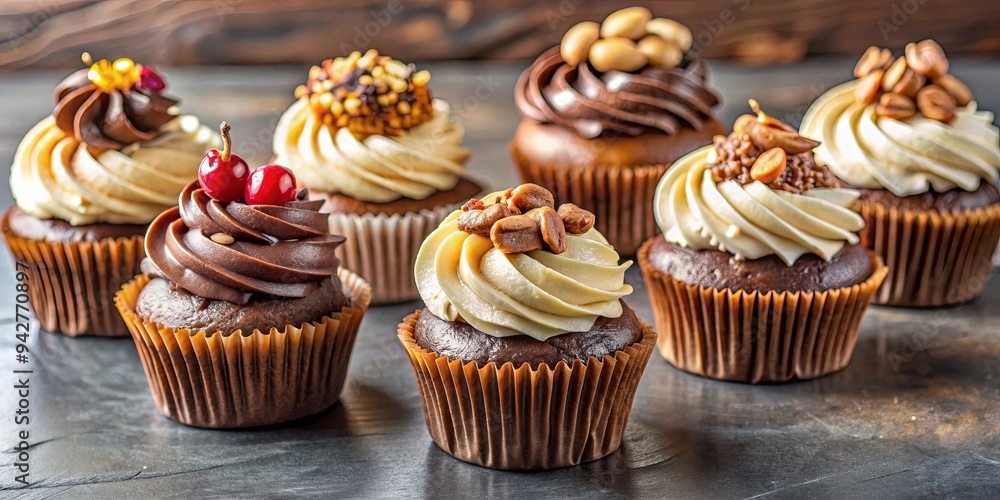 Assorted gourmet cupcakes with toppings like candied nuts and chocolate ganache Assorted gourmet cupcakes with toppings like candied nuts and chocolate ganache