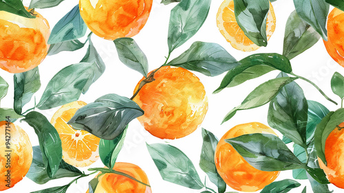 watercolor oranges and green leaves on white background