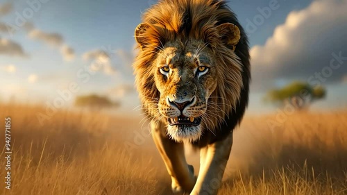 a majestic lion roaring in the savannah within a virtual reality