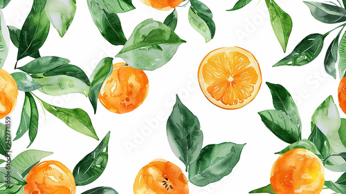watercolor oranges and green leaves on white background
