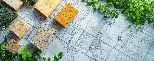Eco-friendly building materials arranged on a blueprint, with greenery intertwined, highlighting sustainable construction practices
