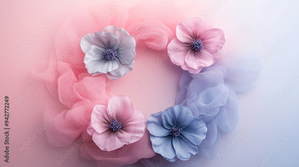 Delicate floral arrangement featuring pink and blue fabric flowers on a soft pastel background. Delicate floral arrangement featuring pink and blue fabric flowers on a soft pastel background.