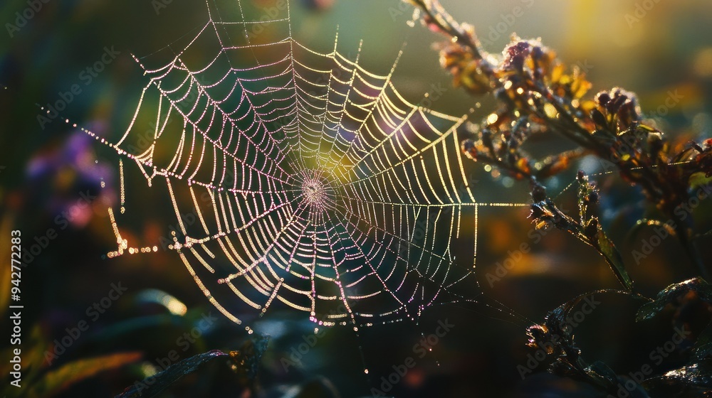 Dew-Covered Spider Web in Morning Light Dew-Covered Spider Web in Morning Light