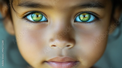 Close-up portrait of a child's face with green eyes