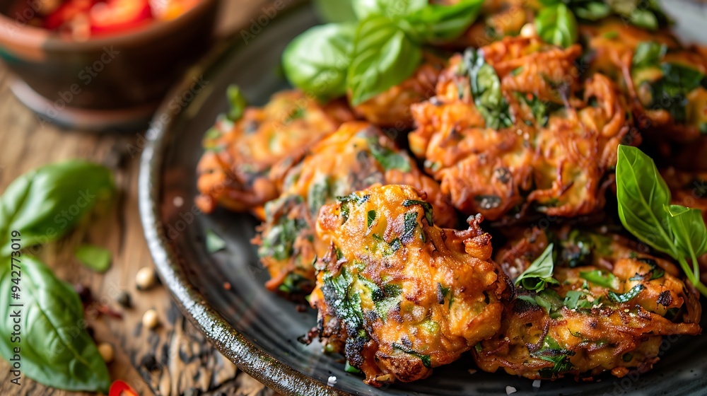 Scrumptious traditional fritters plated with aromatic herbs Scrumptious traditional fritters plated with aromatic herbs