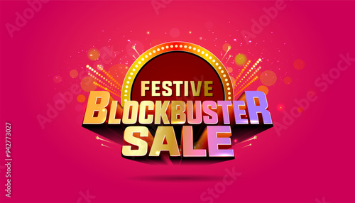 Vector illustration for Festive Blockbuster sale offer Logo on red sparkle background.