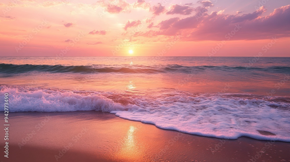 A stunning sunset paints the sky in hues of pink and orange as the sun dips below the horizon, casting a warm glow over gentle ocean waves caressing the sandy beach A stunning sunset paints the sky in hues of pink and orange as the sun dips below the horizon, casting a warm glow over gentle ocean waves caressing the sandy beach