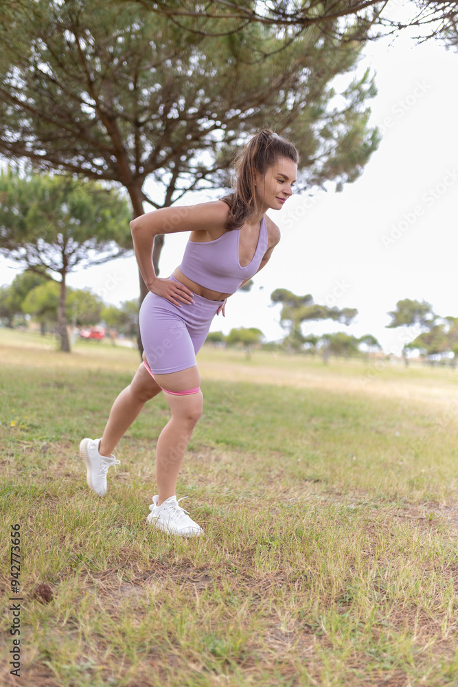 A Young Woman Works Out in the Park, Using a Resistance Band for Her Exercise Routine A Young Woman Works Out in the Park, Using a Resistance Band for Her Exercise Routine