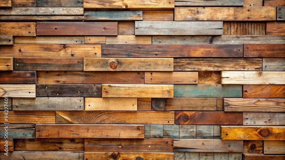 Rustic wood wall texture featuring a collage of reclaimed timber, ideal for backgrounds and interior design projects Rustic wood wall texture featuring a collage of reclaimed timber, ideal for backgrounds and interior design projects