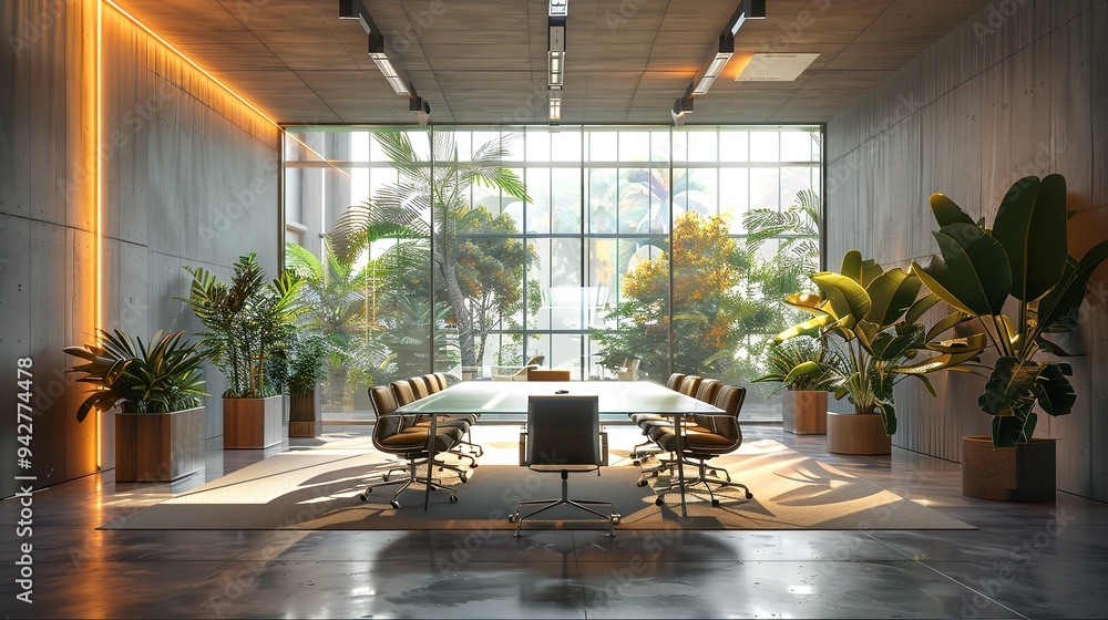 Fototapeta premium Modern Office Interior with Glass Conference Room and Chairs