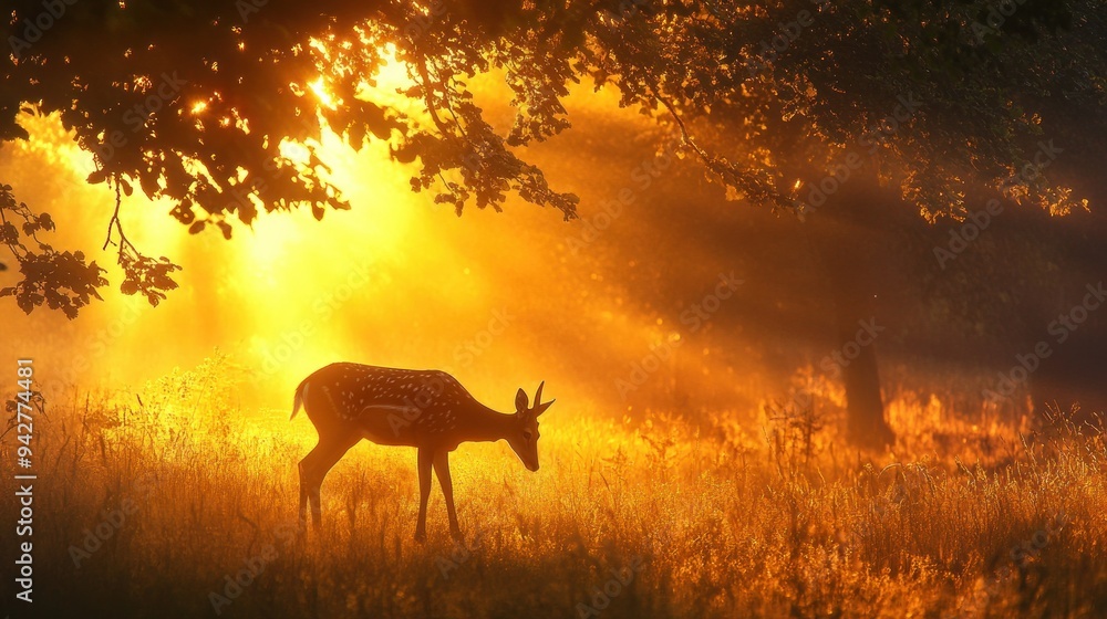 Silhouette of a Deer in a Golden Meadow at Sunset Silhouette of a Deer in a Golden Meadow at Sunset