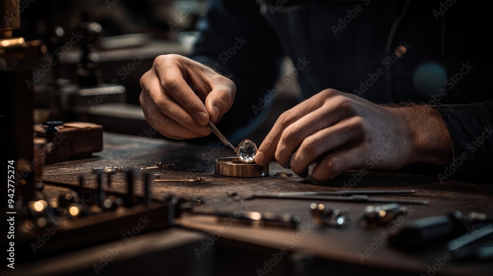 A jeweler focuses intently as they carefully set a gemstone into a ring, surrounded by various tools and materials in a well-lit workshop at dusk A jeweler focuses intently as they carefully set a gemstone into a ring, surrounded by various tools and materials in a well-lit workshop at dusk
